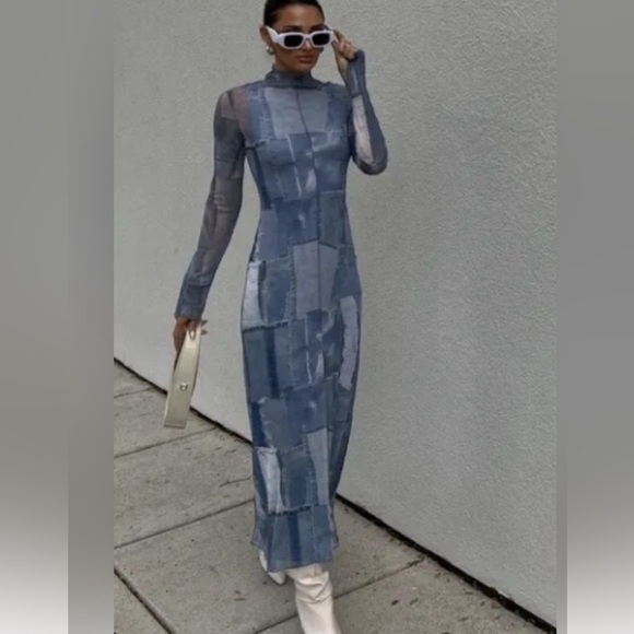 Zara Denim Print Long Sleeve Dress Size S - Picture 8 of 16